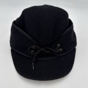 Vintage Crown Cap Winnipeg Canada Black Wool Winter Hat Ear Flap Lace Up